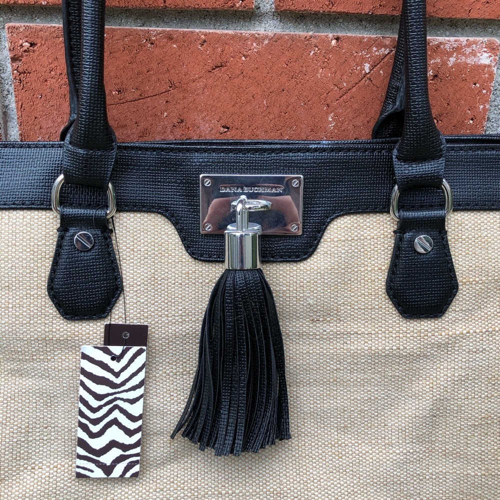 Dana Buchman Linen Black Tracy Tote Purse w Tassel - Picture 3 of 6